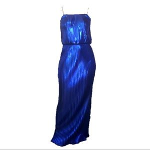 Blue Metallic Pleated Maxi Dress